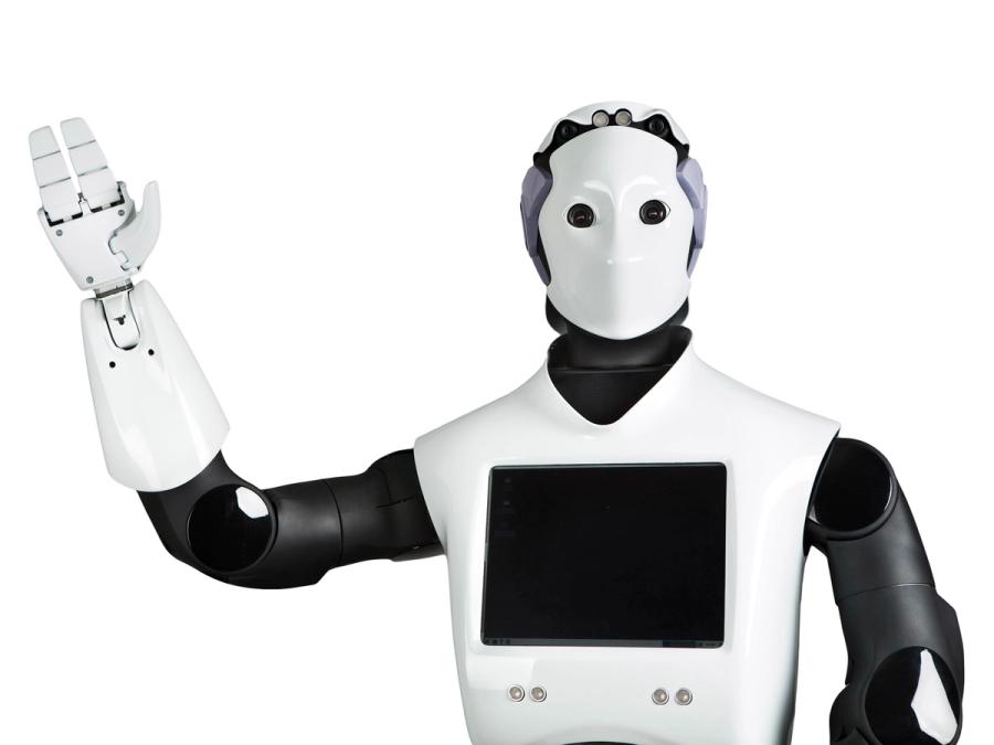 A shiny white humanoid robot waves with it's thumb plus two finger hand.