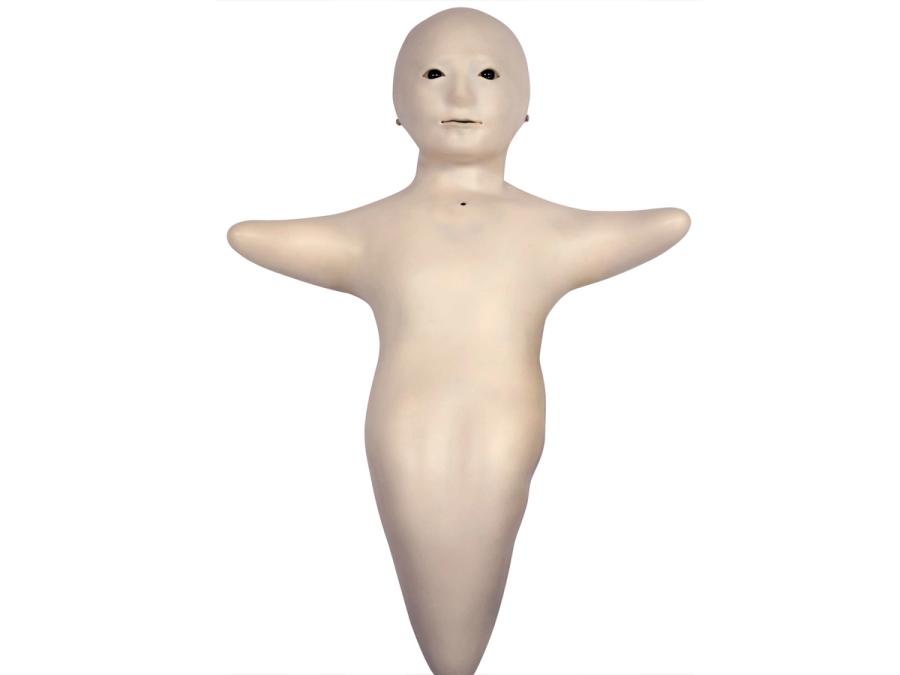 Telenoid is a humanoid robot the size of small child, with a soft torso with a bald head, a doll-like face, and stumps in place of limbs. Its bottom half tapers to a point instead of legs.