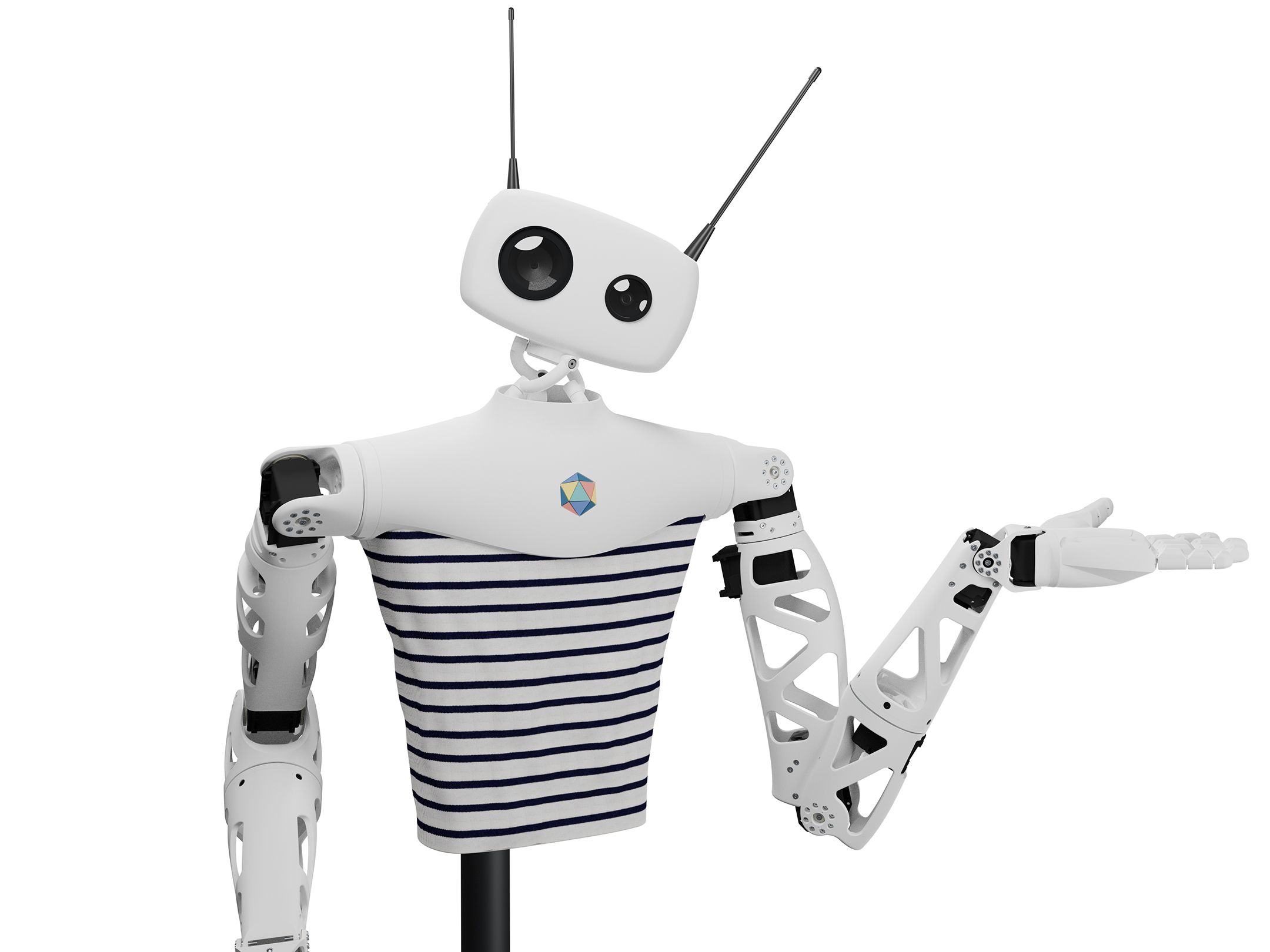 A black and white robotic torso with two white arms ending in two finger gripper hands, one of which shrugs to the site. It has a white head with two camera eyes, one large and one small, and there are two pointed antenna protruding from the robot's head.