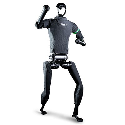 A gray bipedal humanoid wearing a Unitree shirt stands posed with one arm raised.
