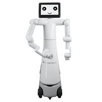A wheeled humanoid robot with two robotic arms, and a smiling face displayed on a tablet.
