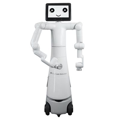 A wheeled humanoid robot with two robotic arms, and a smiling face displayed on a tablet.