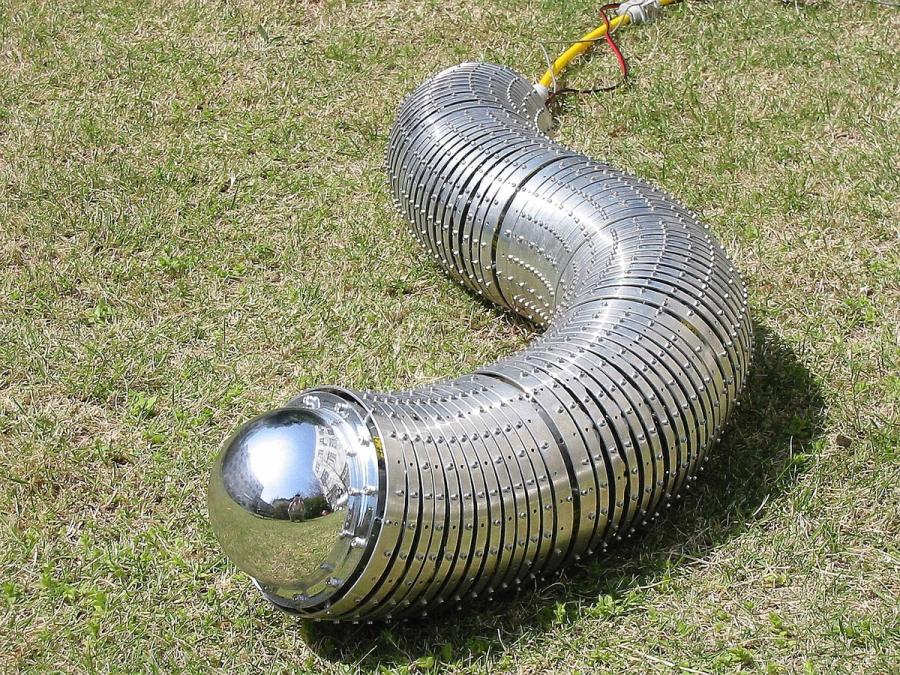 A slinky like silver robot on grass.