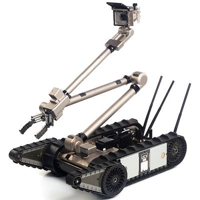 A base with large tracked wheels supports a multi-jointed tall arm which has a gripper hand at one joint, and a camera system at the end.