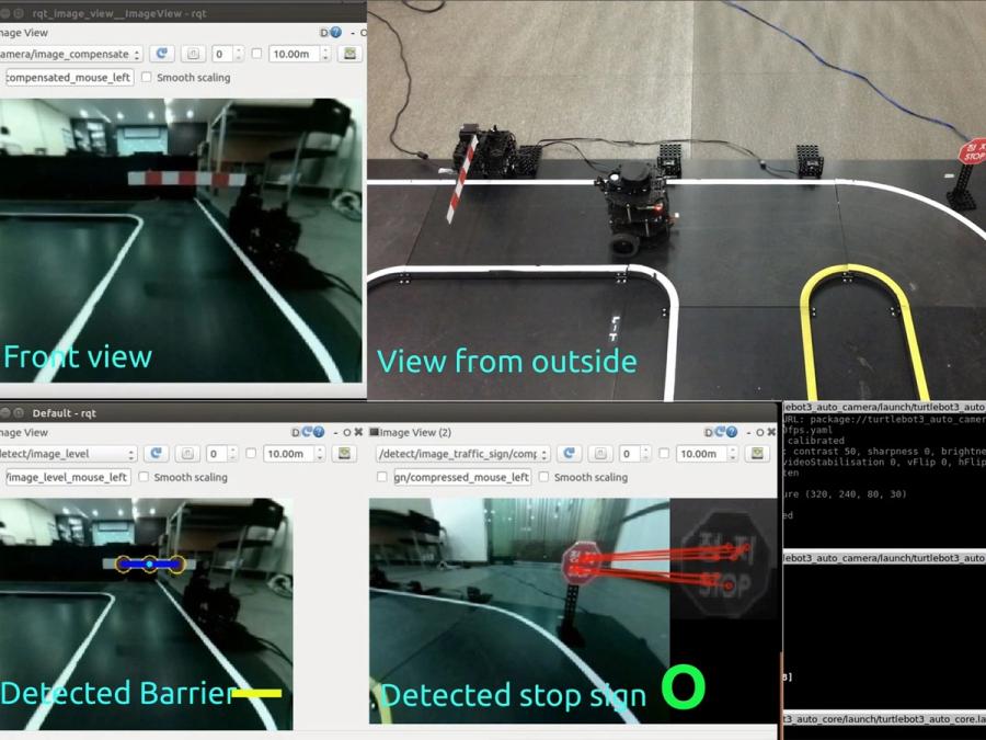 Multiple screens show of various views from the robot.
