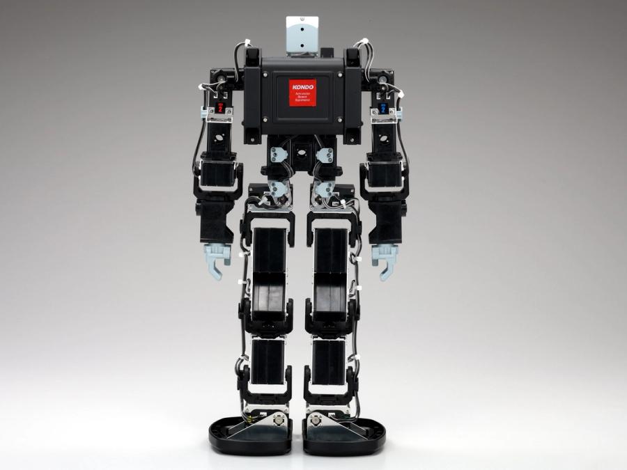 A petite bipedal toy robot with a black torso and white head, black arms and legs and gripper hands.