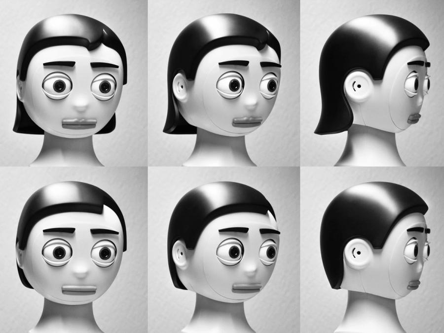Six black and white images of Flobi with different hairstyle and facial elements.