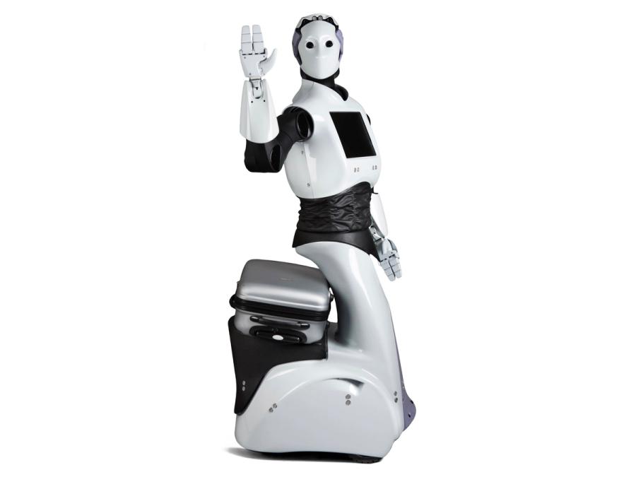 A robot with a humanoid appearance on top, and a wheeled base with a seat on the bottom.