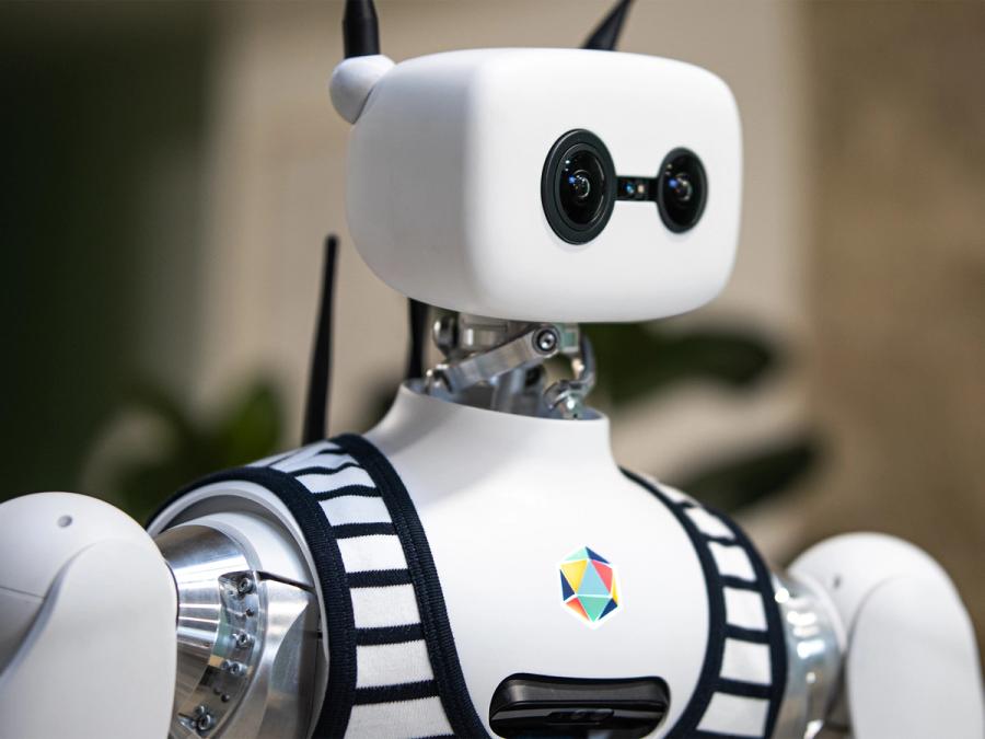 Close-up of Reachy 2, a robotic torso, showing off its white head with two camera eyes, one large and one small.