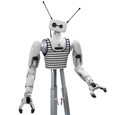 Reachy 2, a robotic torso with two white arms ending in two finger gripper hands, and a white head with two camera eyes, one large and one small. There are two pointed antenna protruding from the robot's head, and it wears a black and white striped tank top..