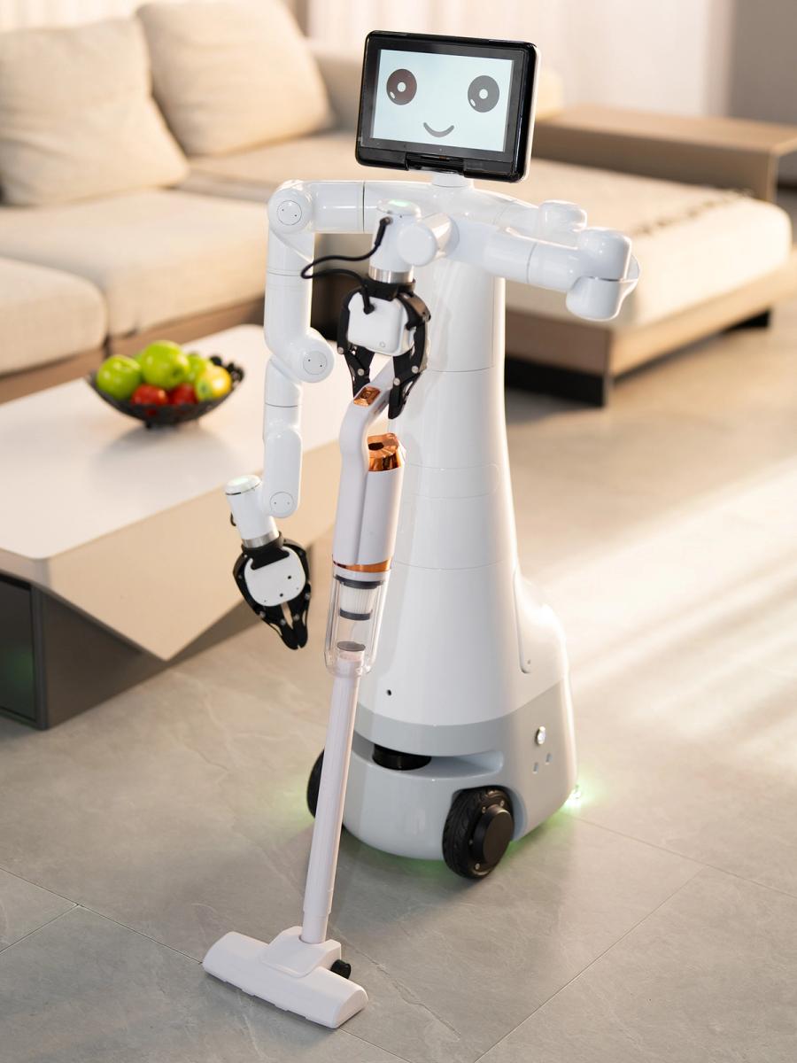Mercury X1, a wheeled humanoid robot with a tablet display for a head holds a vacuum with one gripper hand.