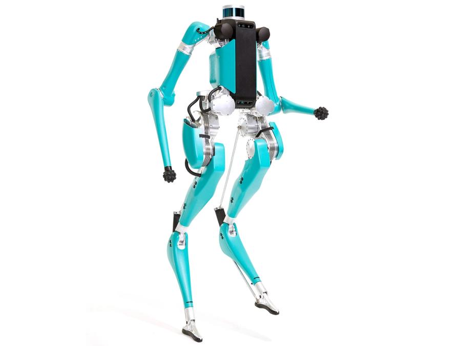 A blue-green bipedal robot with arms, cameras and sensors built into it's torso and a lidar "head".