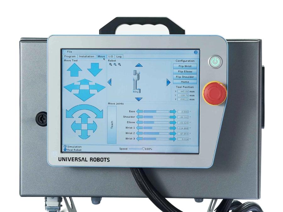 A tablet on a silver box shows controls to move the robot.