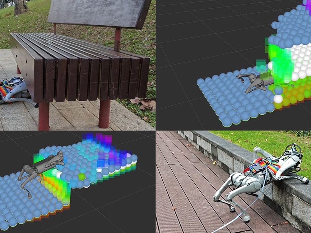 A four-legged robot successfully crawling under a bench and walking over a sidewalk curb. Each image is paired with a visualization of the three-dimensional mapping technique driving its actions.