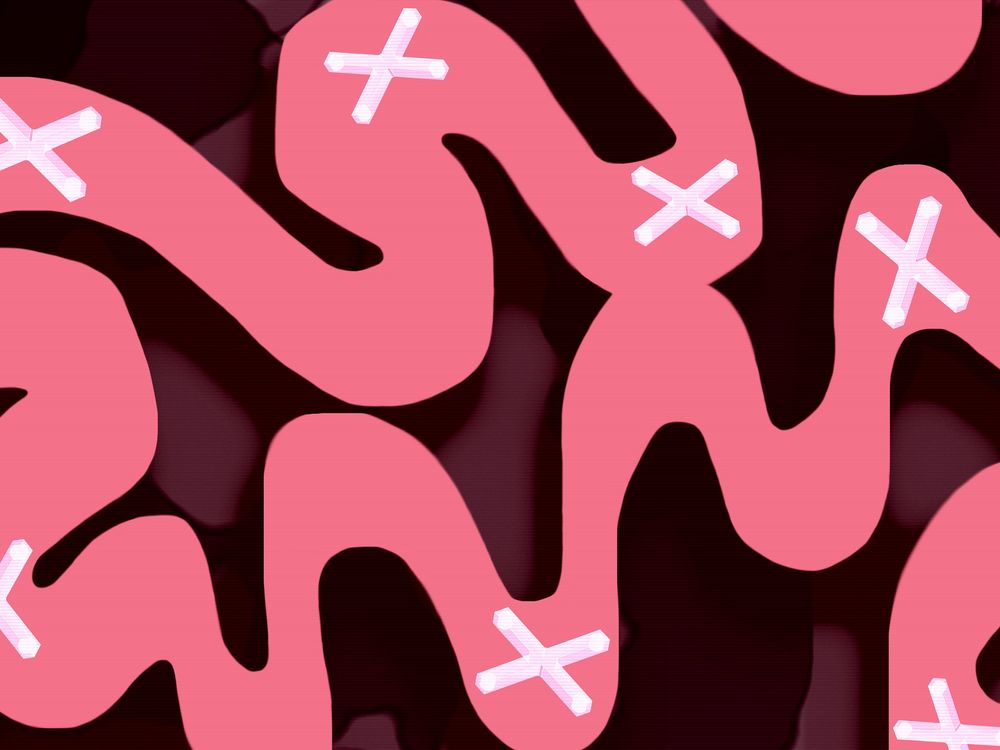 Conceptual illustration of a mini cross-shaped soft robot tumbling down the length of a small intestine.