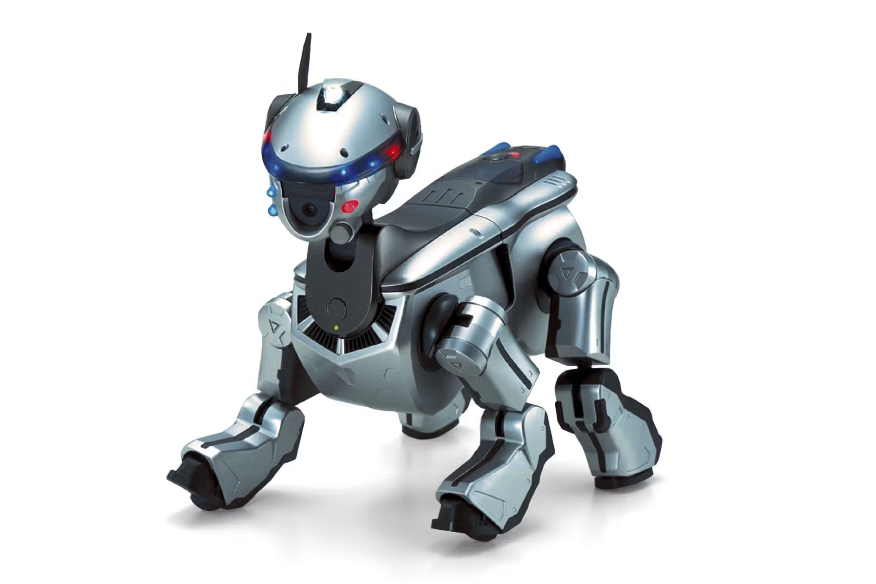 Robot dog with blue and red lights around its face