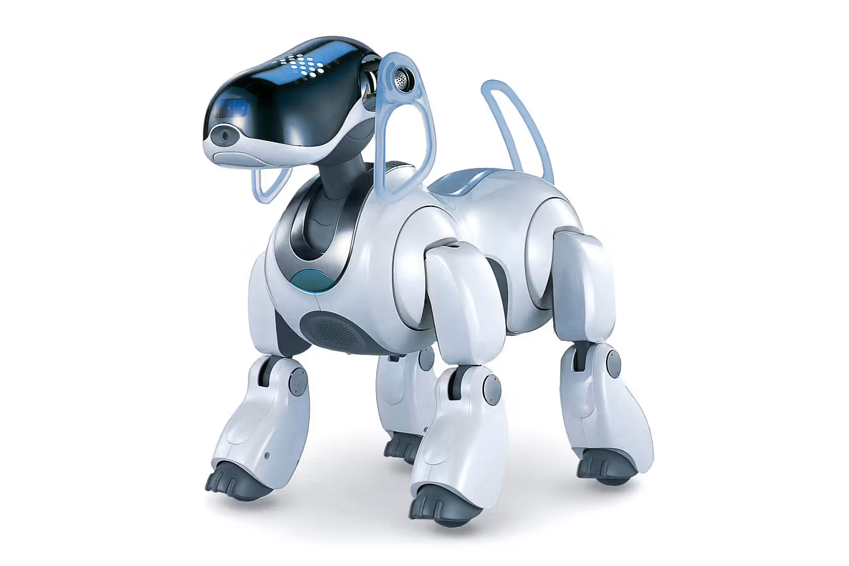 White, hi-tech robotic dog with a black face